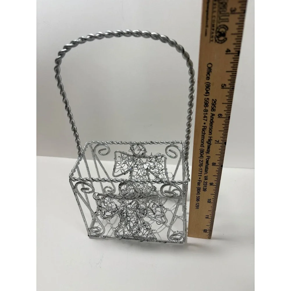 Silver Wire Angel Basket Twisted Metal Handle Christmas Decor Holiday